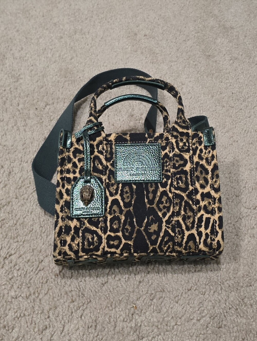 Kurt Geiger Purse London Mini Southbank Tote Leopard Print Green Leather Logo